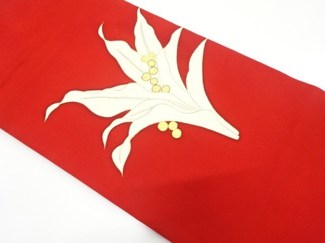塩瀬　万年青模様　刺繍　名古屋帯